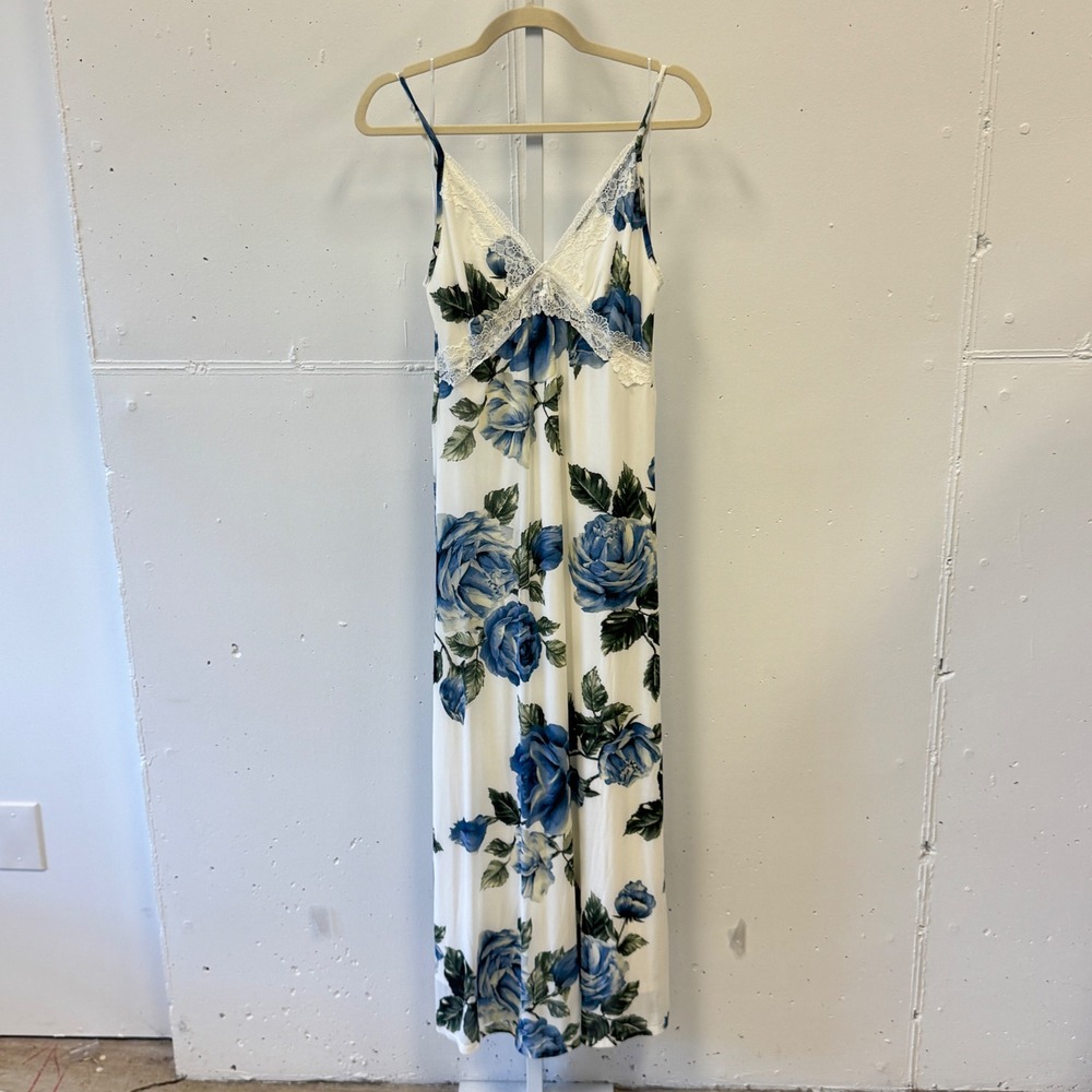 Thirty Thirty LA Blue‎ Rose Floral Lace Trim Maxi Dress White Medium Boho Party